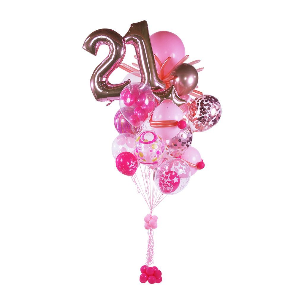 A bunch of pink balloons with a number 21 on top of them.