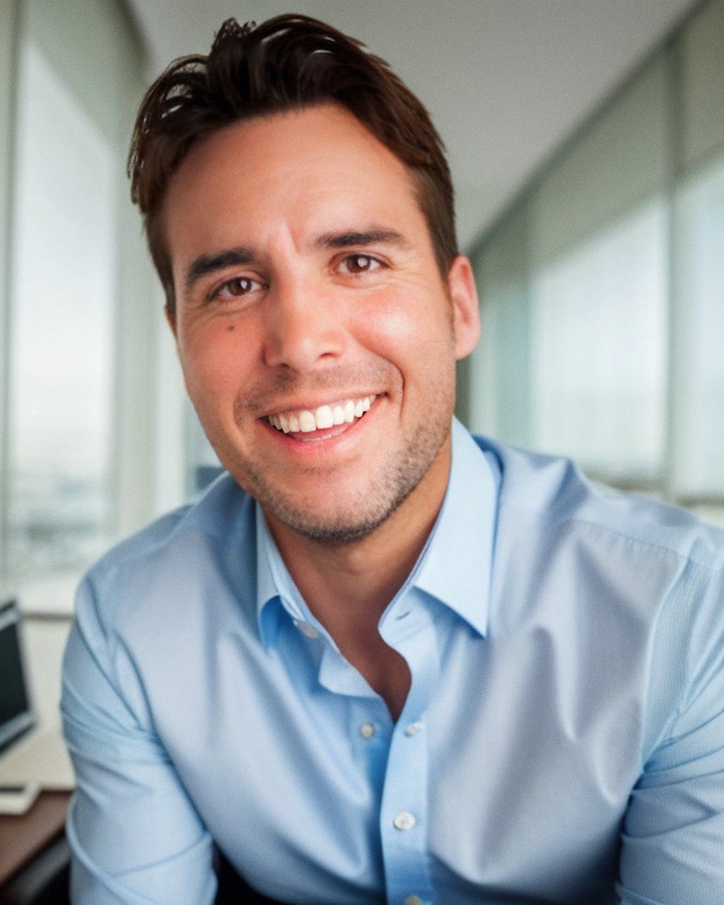 A man in a blue shirt is smiling for the camera