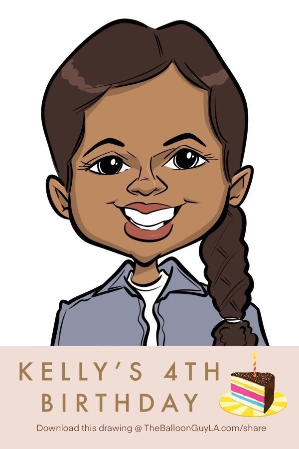 A cartoon of kelly 's 4th birthday with a cake in the background
