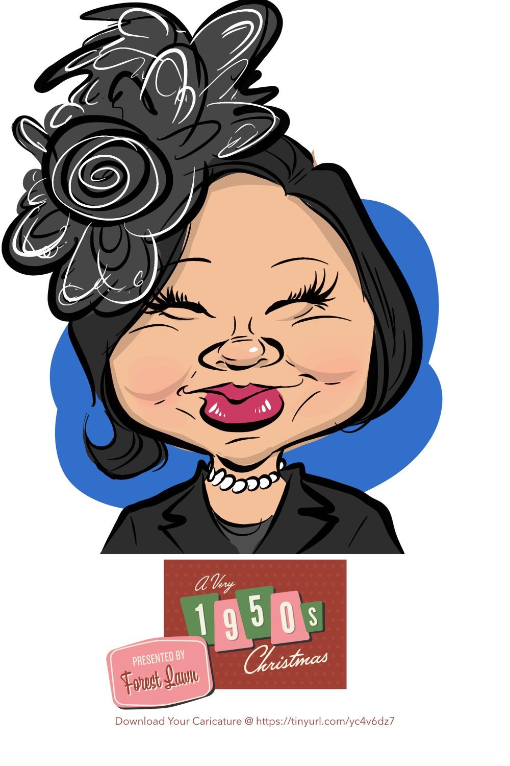 A cartoon of a woman wearing a black hat and a necklace.