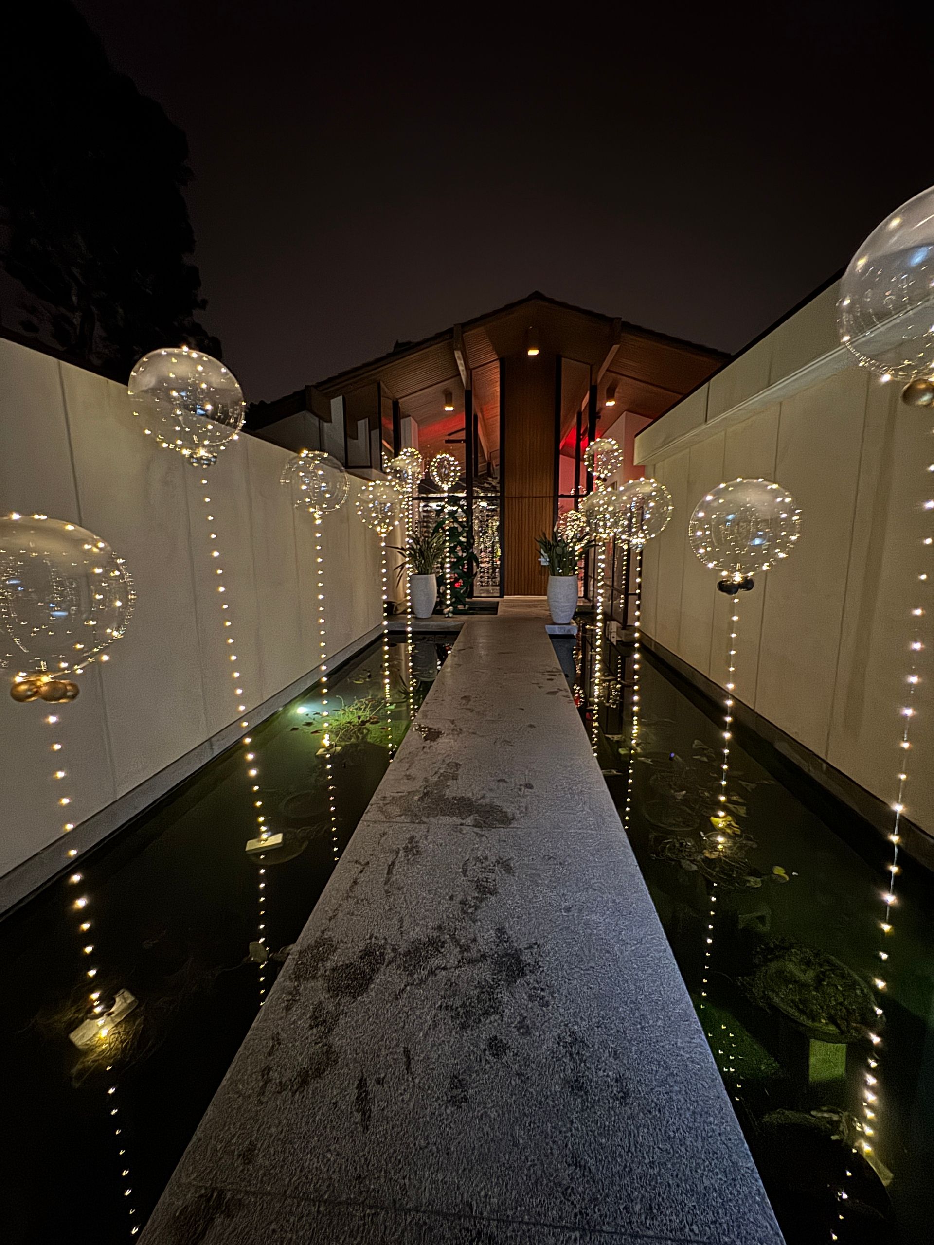 A walkway leading to a building decorated with balloons and lights at night.