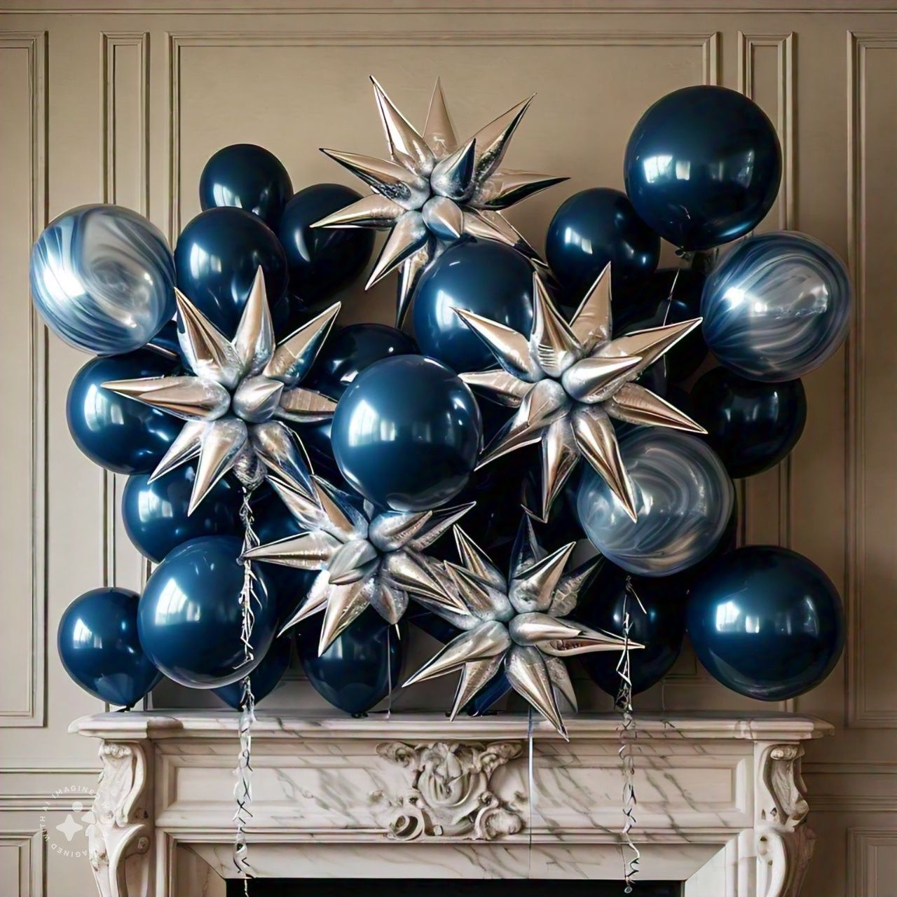 A bunch of blue balloons with silver stars on them