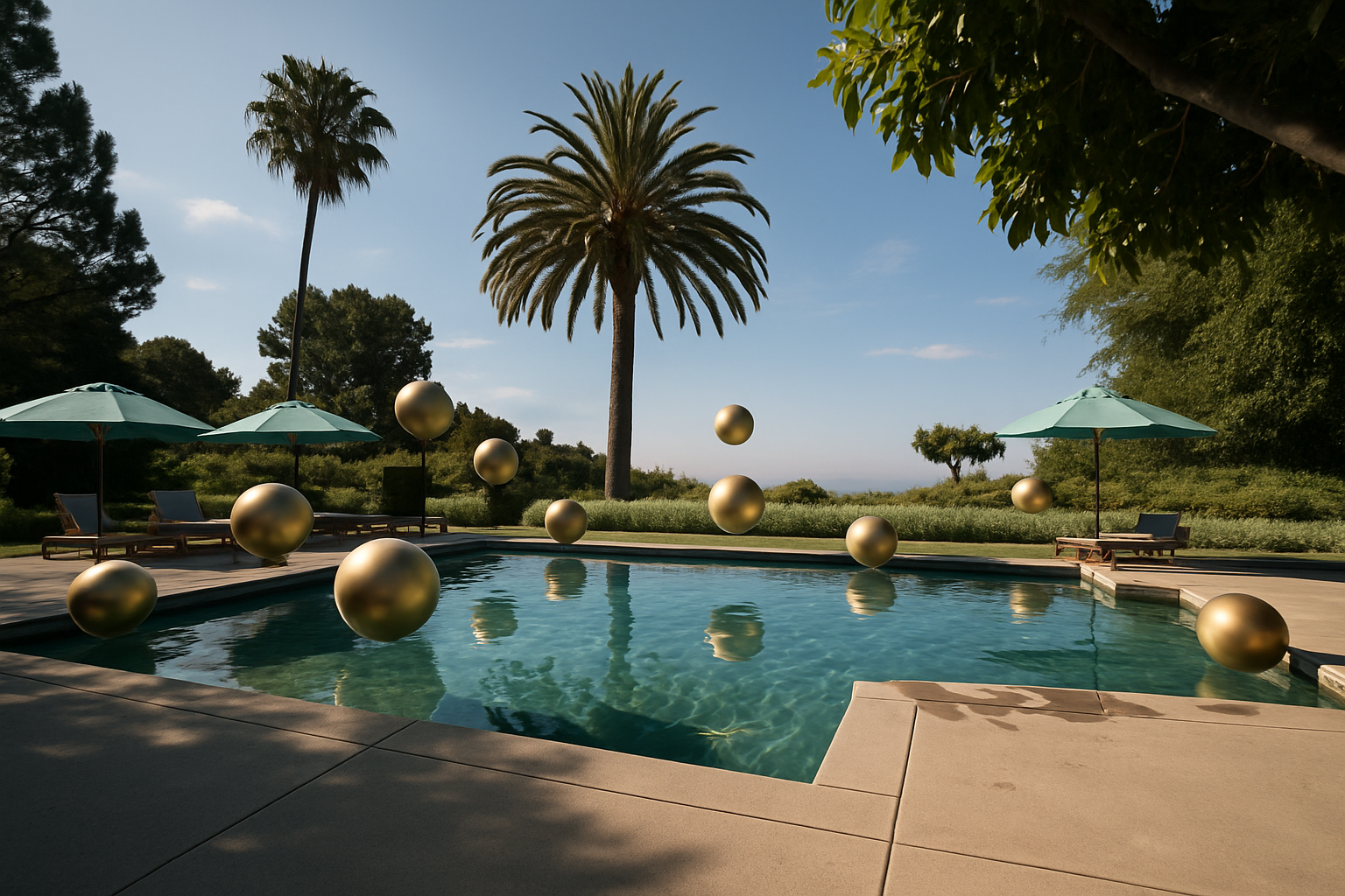 A swimming pool with palm trees and umbrellas in the background