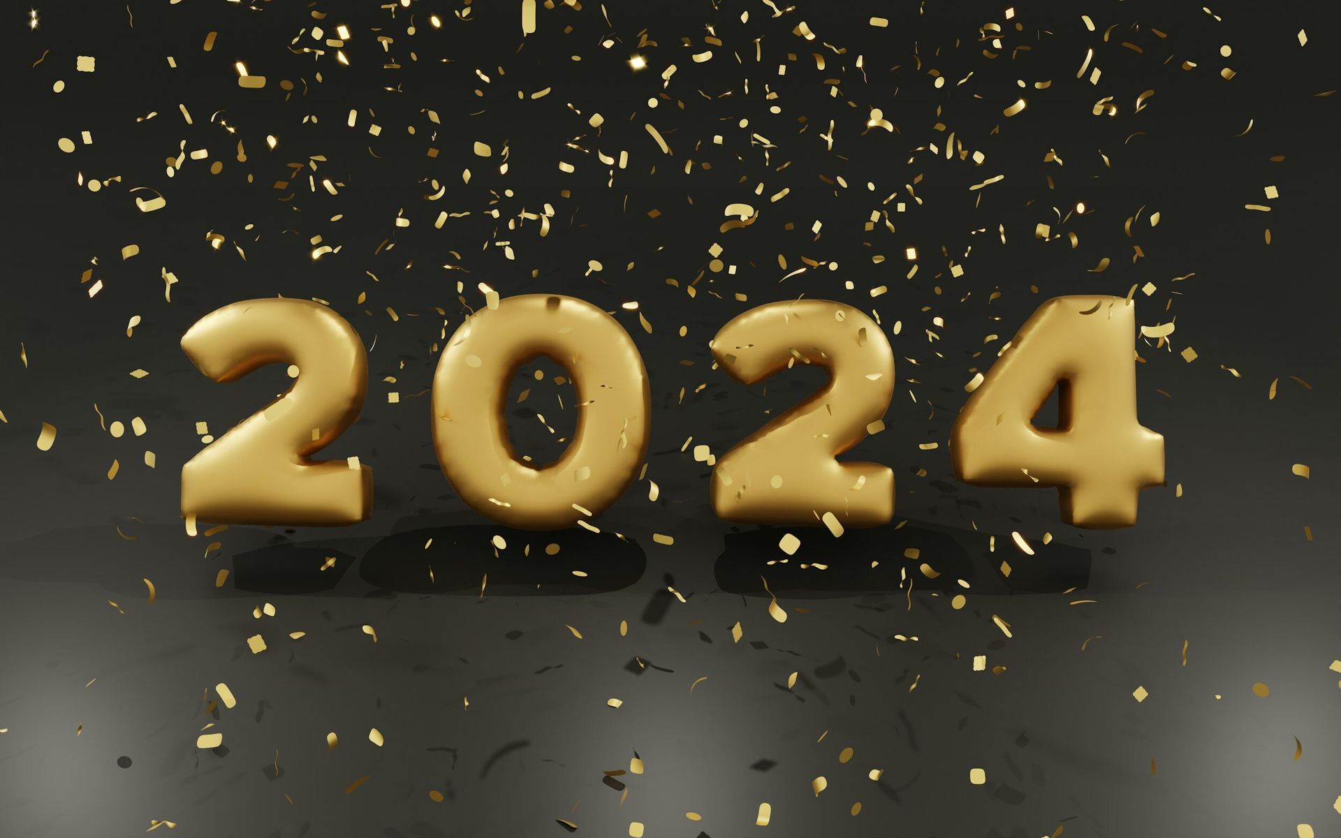 The year 2024 is written in gold balloons on a black background with gold confetti.