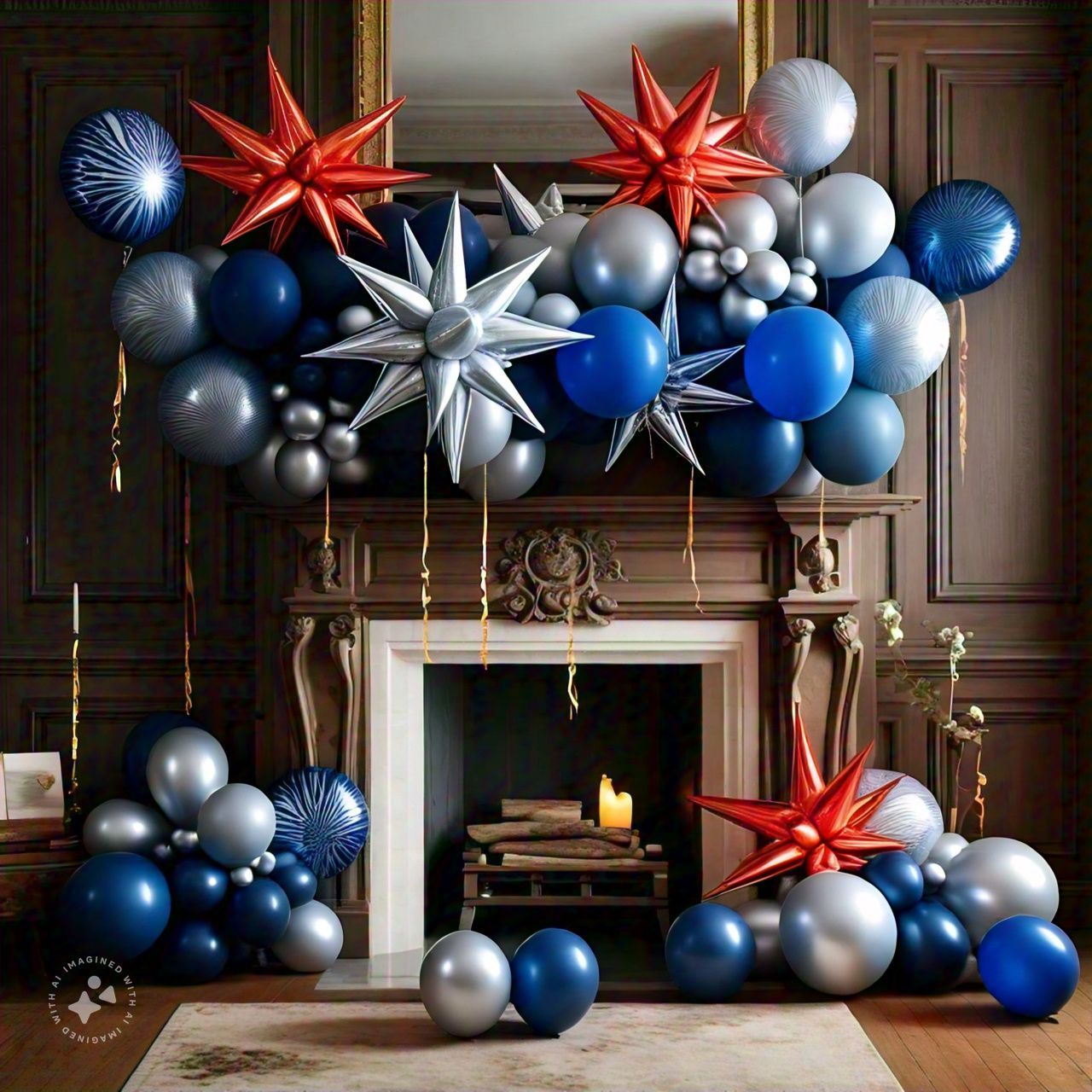 A fireplace decorated with blue , silver and red balloons