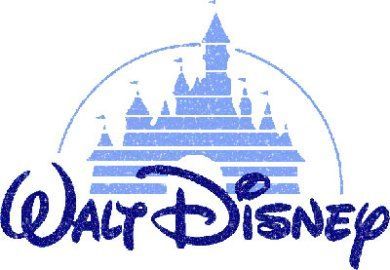 A blue disney logo with a castle in the background