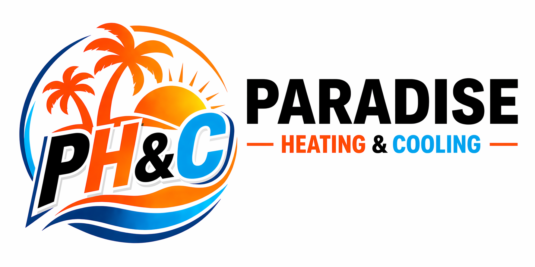 Logo: Orange island with palm trees, 