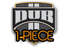 Logo for Dub 1-Piece wheels in black, gray, white, and orange, on a shield-shaped design.