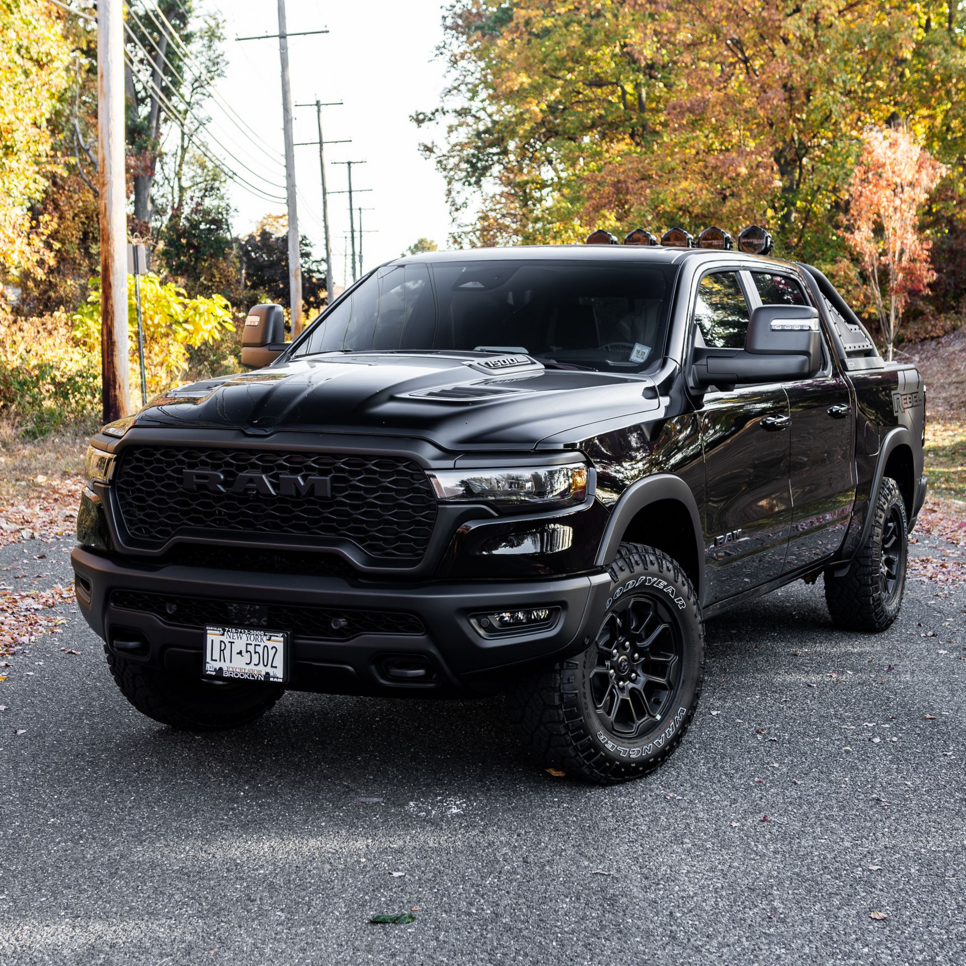 White lifted Ford F-150 truck with custom grille and wheels parked on a road, trees in the background.