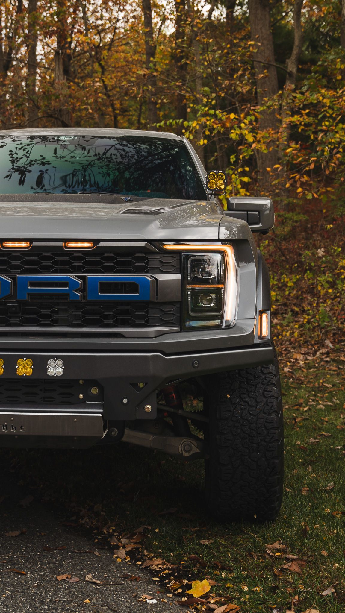 Gray Ford Raptor truck with blue 
