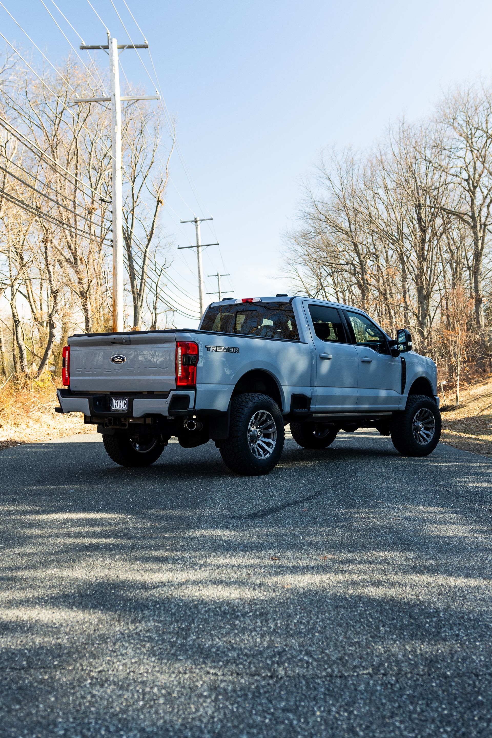 Gray pickup truck parked on asphalt road, with power lines and trees in the background.