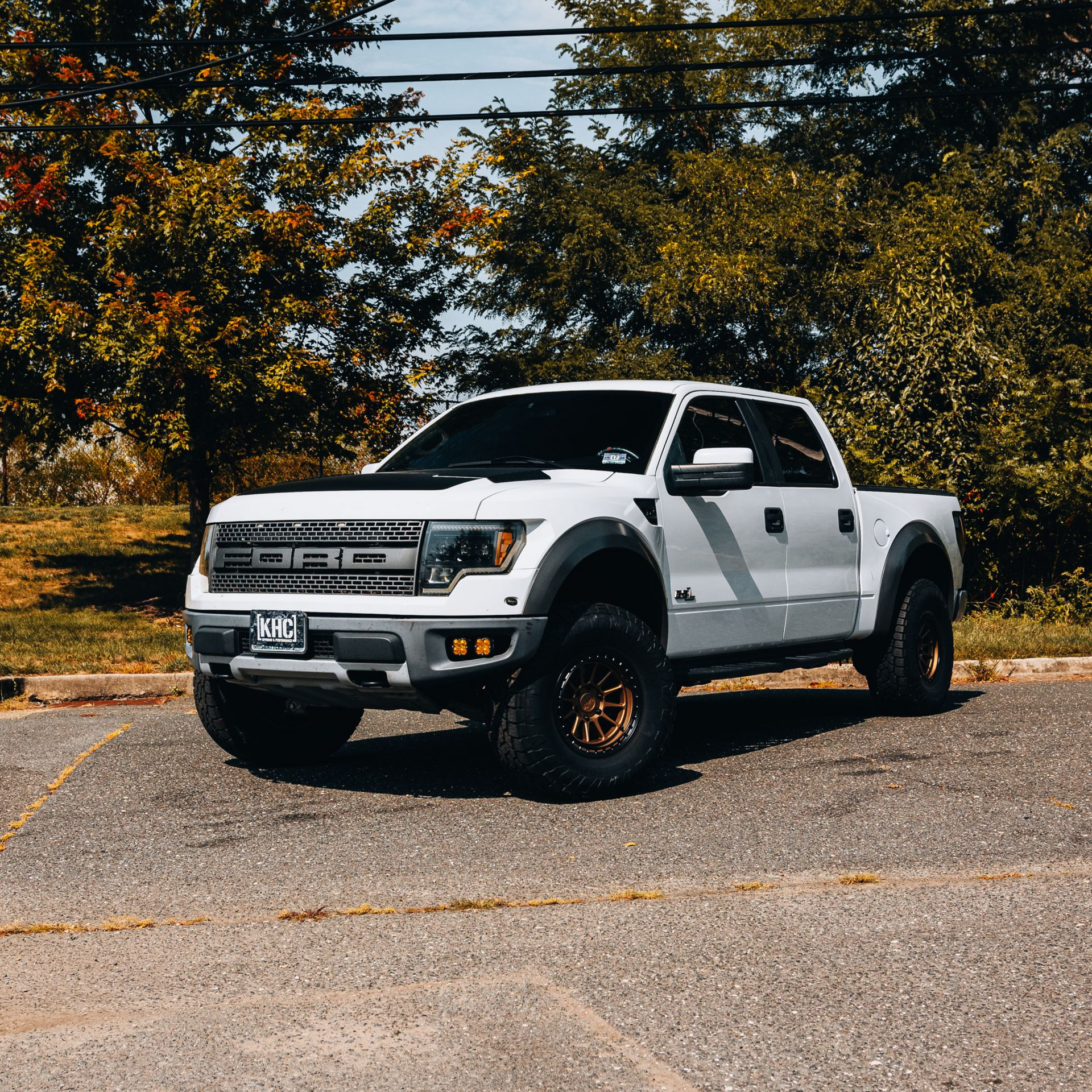 White lifted Ford F-150 truck with custom grille and wheels parked on a road, trees in the background.