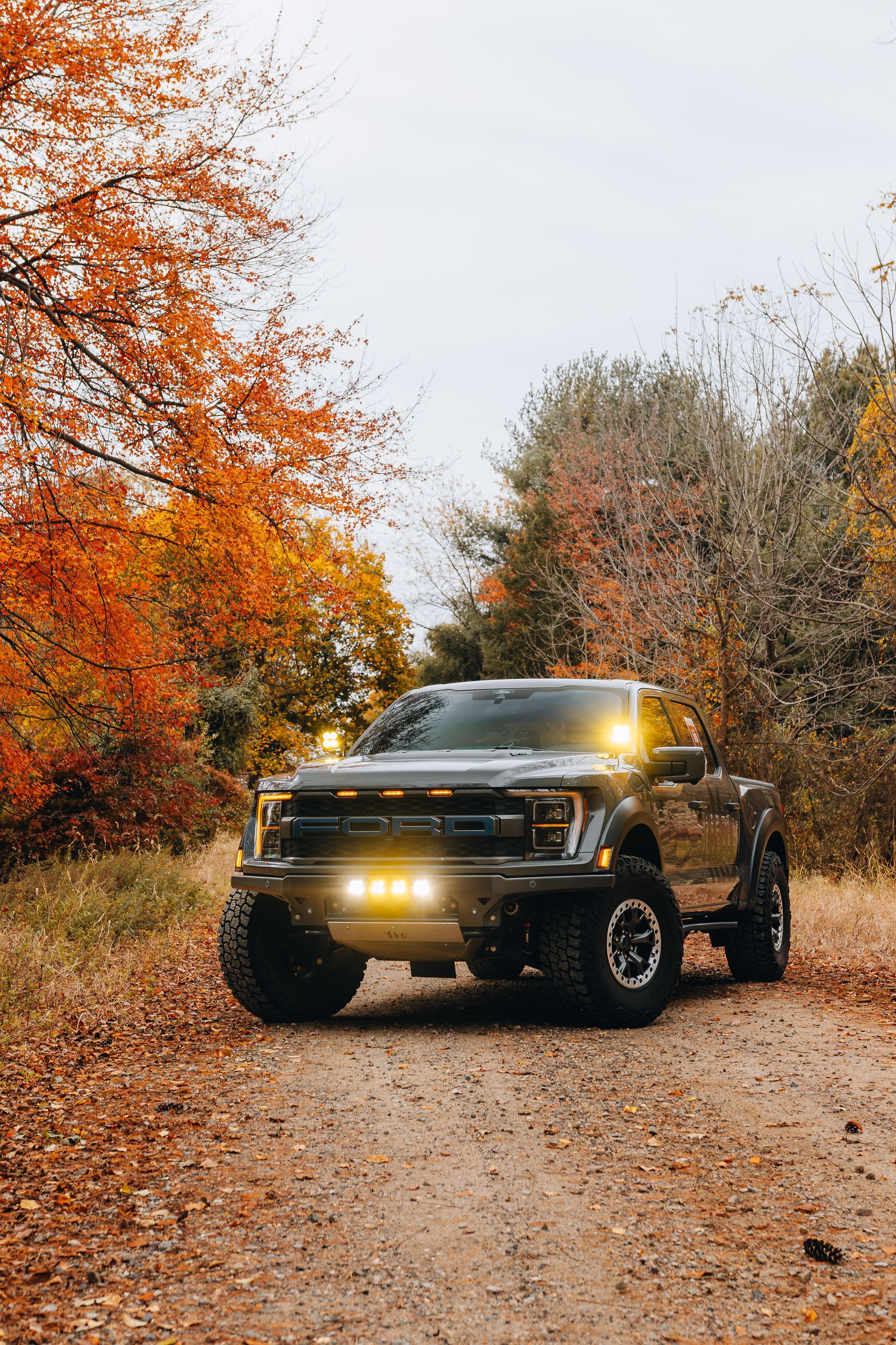 Dark truck with orange lights on a dirt road, fall foliage in the background.