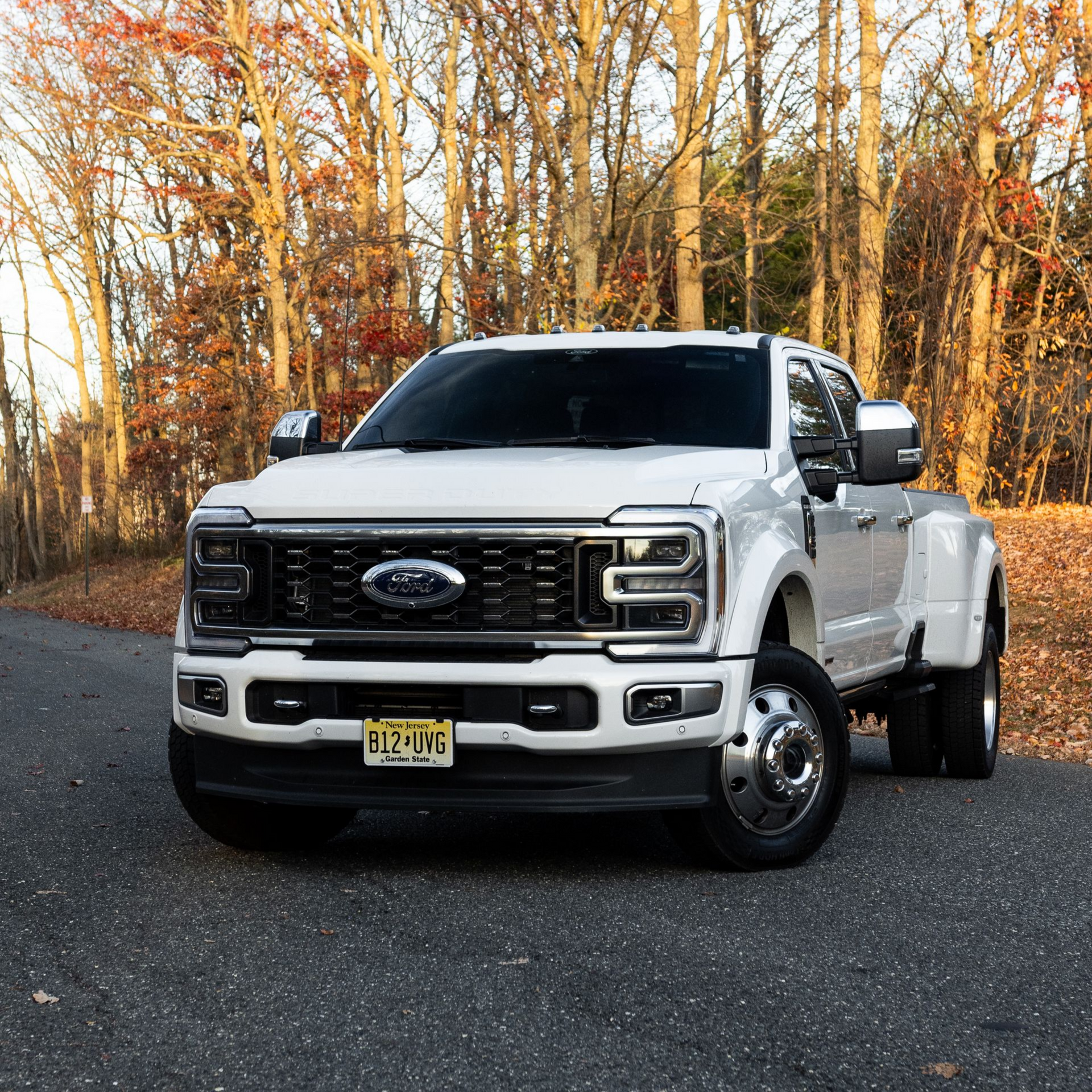 White lifted Ford F-150 truck with custom grille and wheels parked on a road, trees in the background.