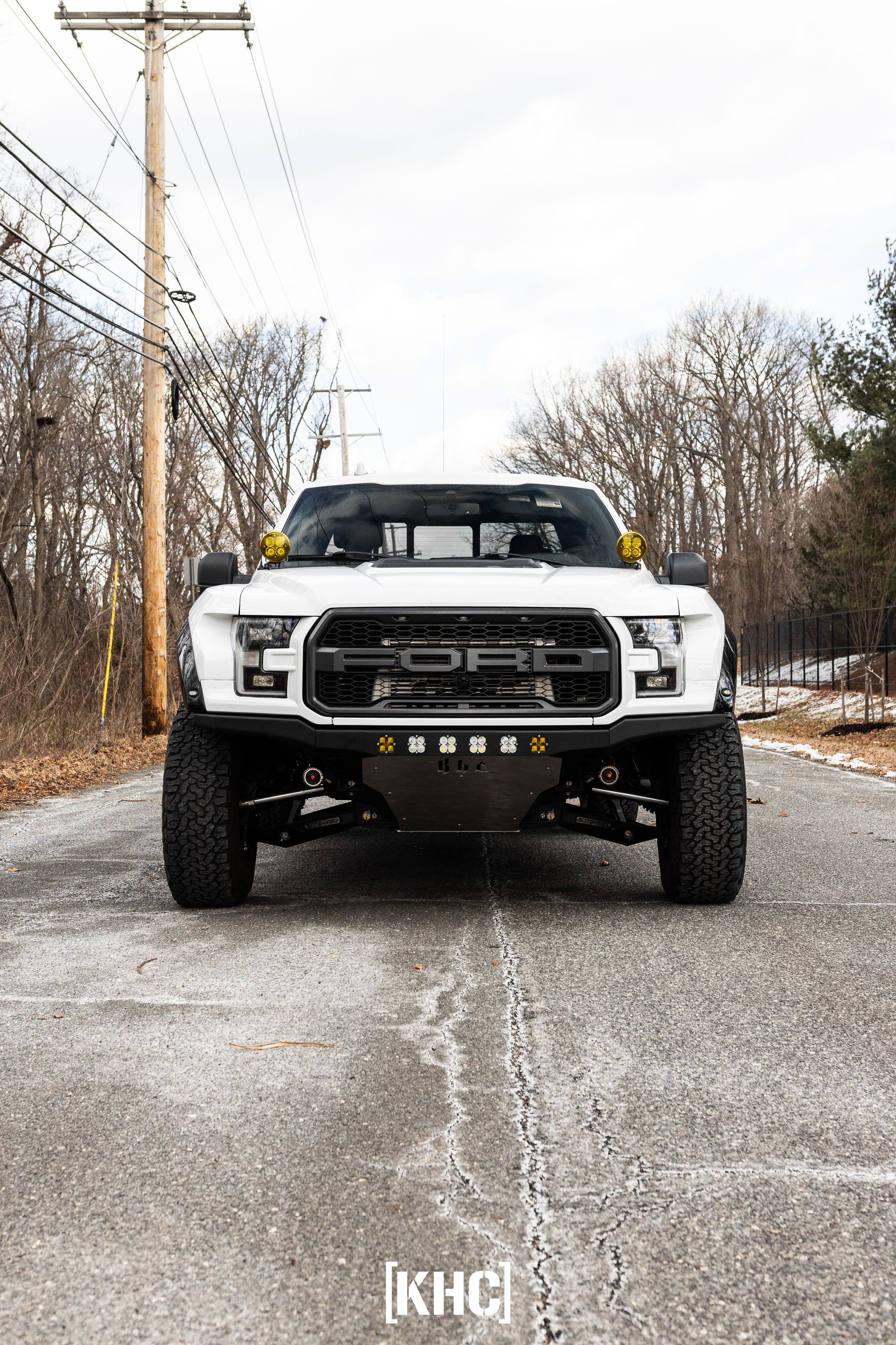 White Ford Raptor truck on a paved road, black grill, yellow lights, power lines and trees in the background.
