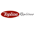 Topline Replicas logo, red oval with white text and black script text.