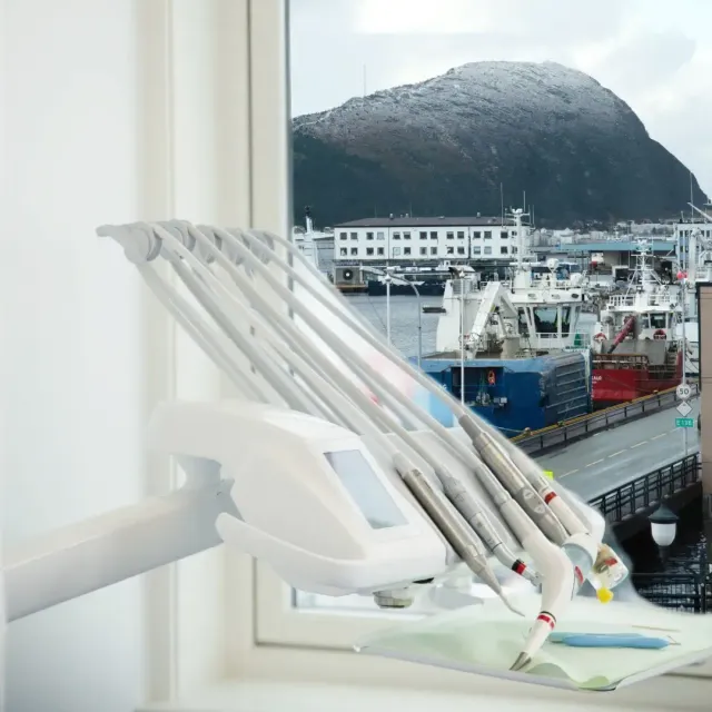 Tannverktøy ved et vindu med utsikt over en havn med et fjell i bakgrunnen.