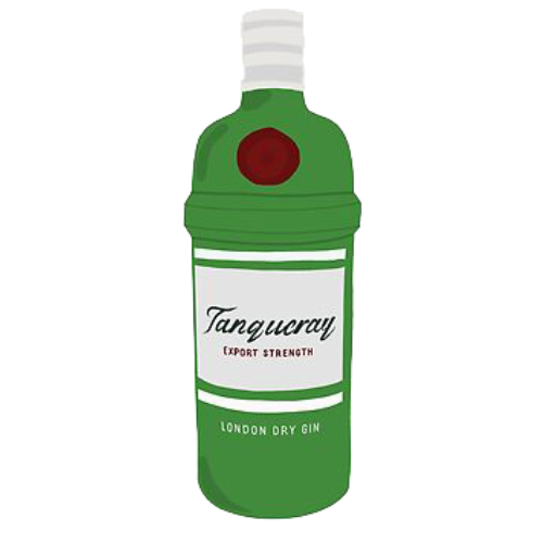 A green bottle of tanqueray gin on a white background.