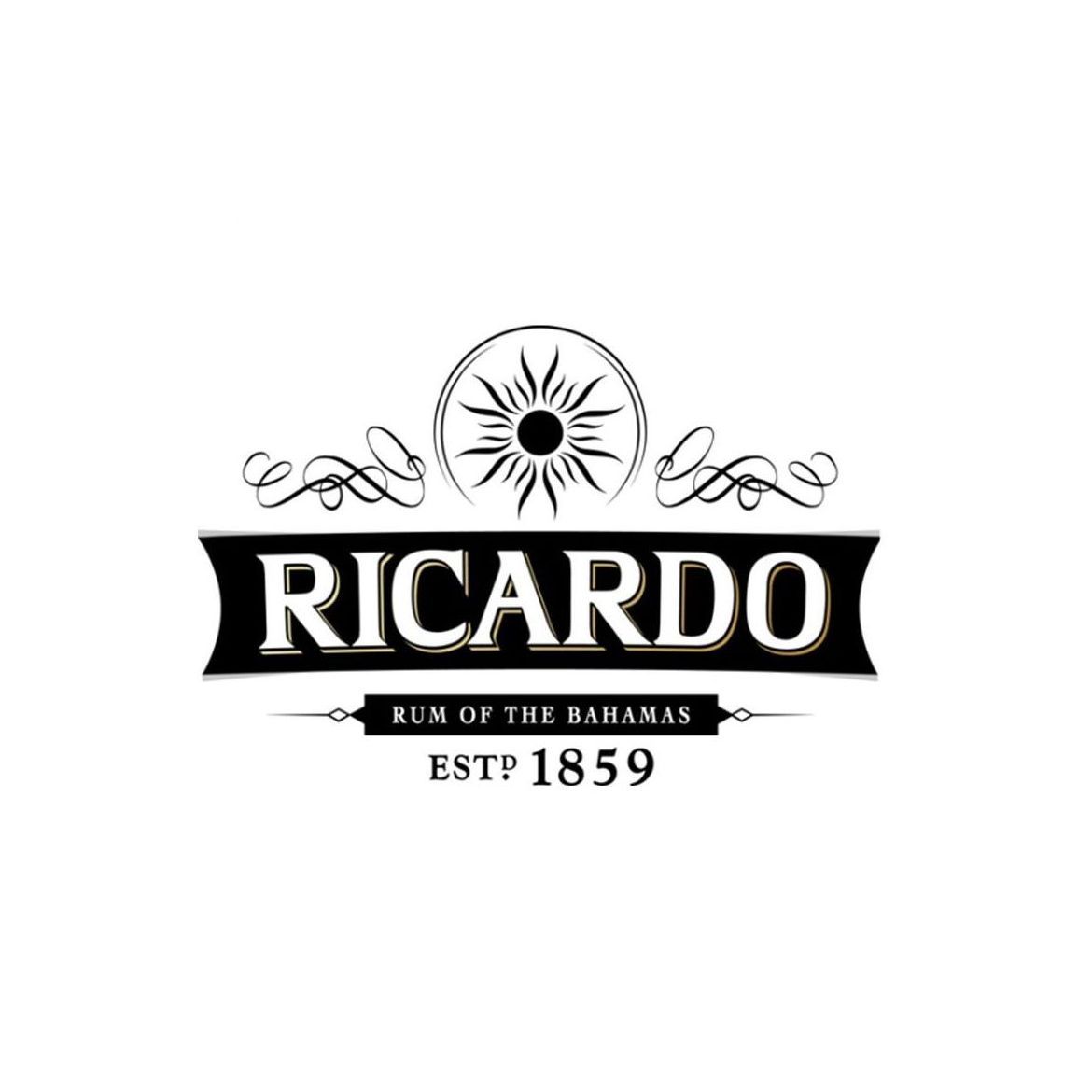A black and white logo for ricardo rum of the bahamas.