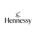 A black and white logo for hennessy cognac on a white background.