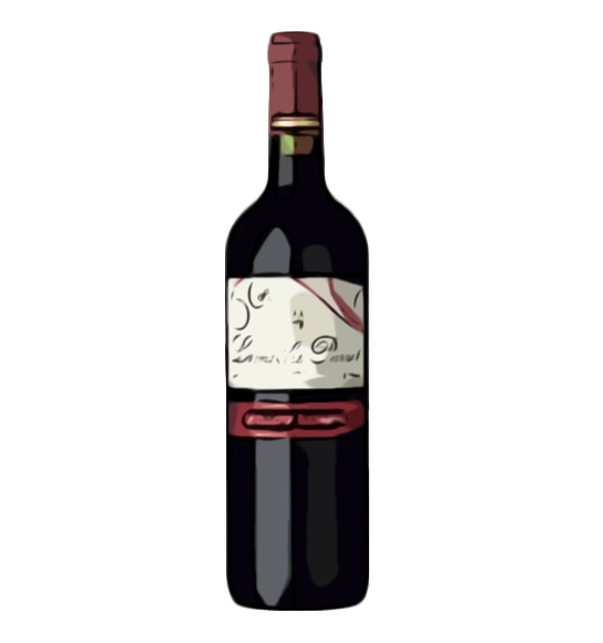 A bottle of red wine with a white label