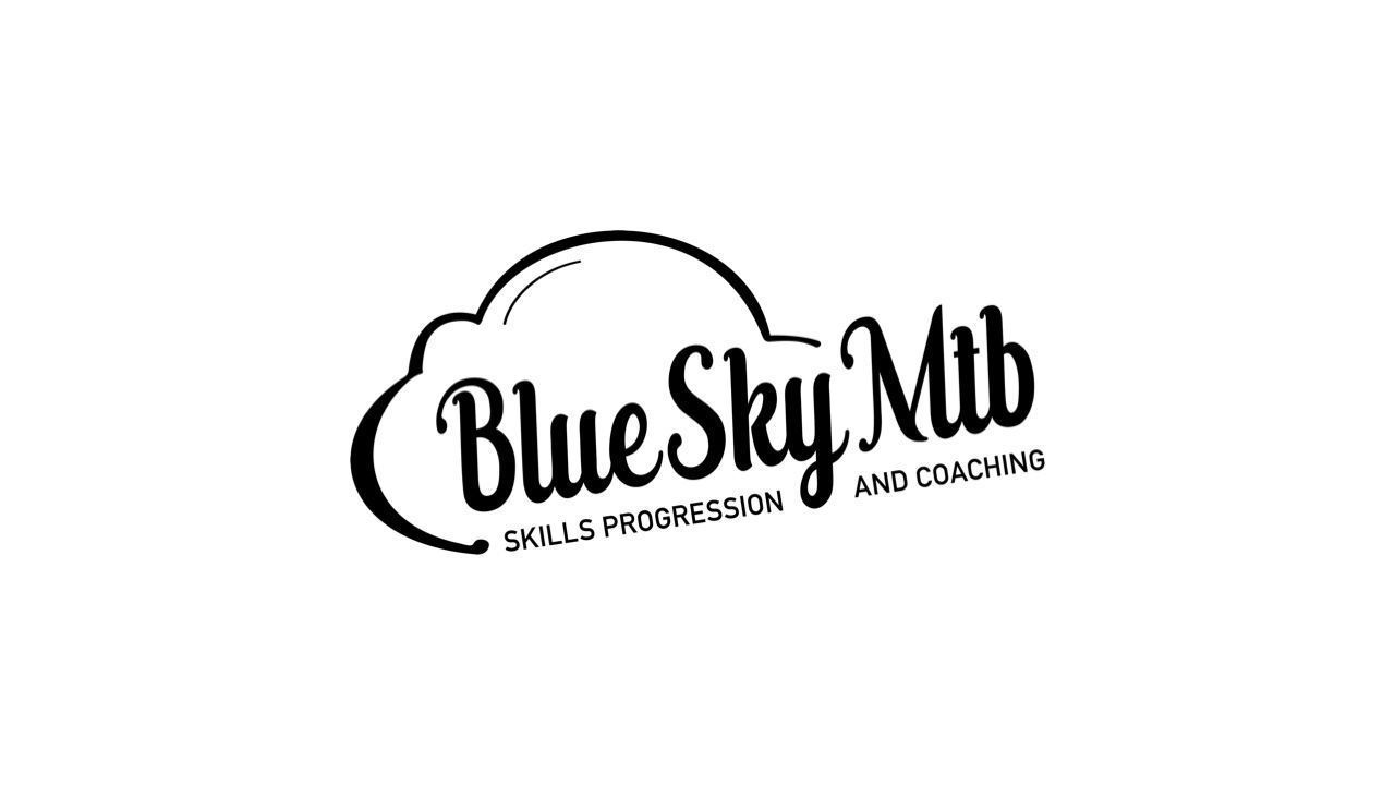 A black and white logo for blue sky mtb with a cloud in the middle.