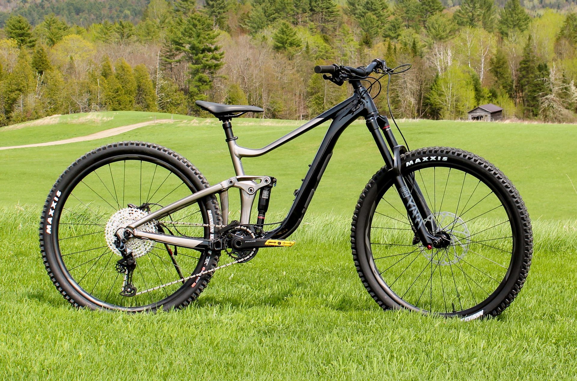 Black and grey aluminum Giant Reign 2 mountain bike in a field with woods in the background