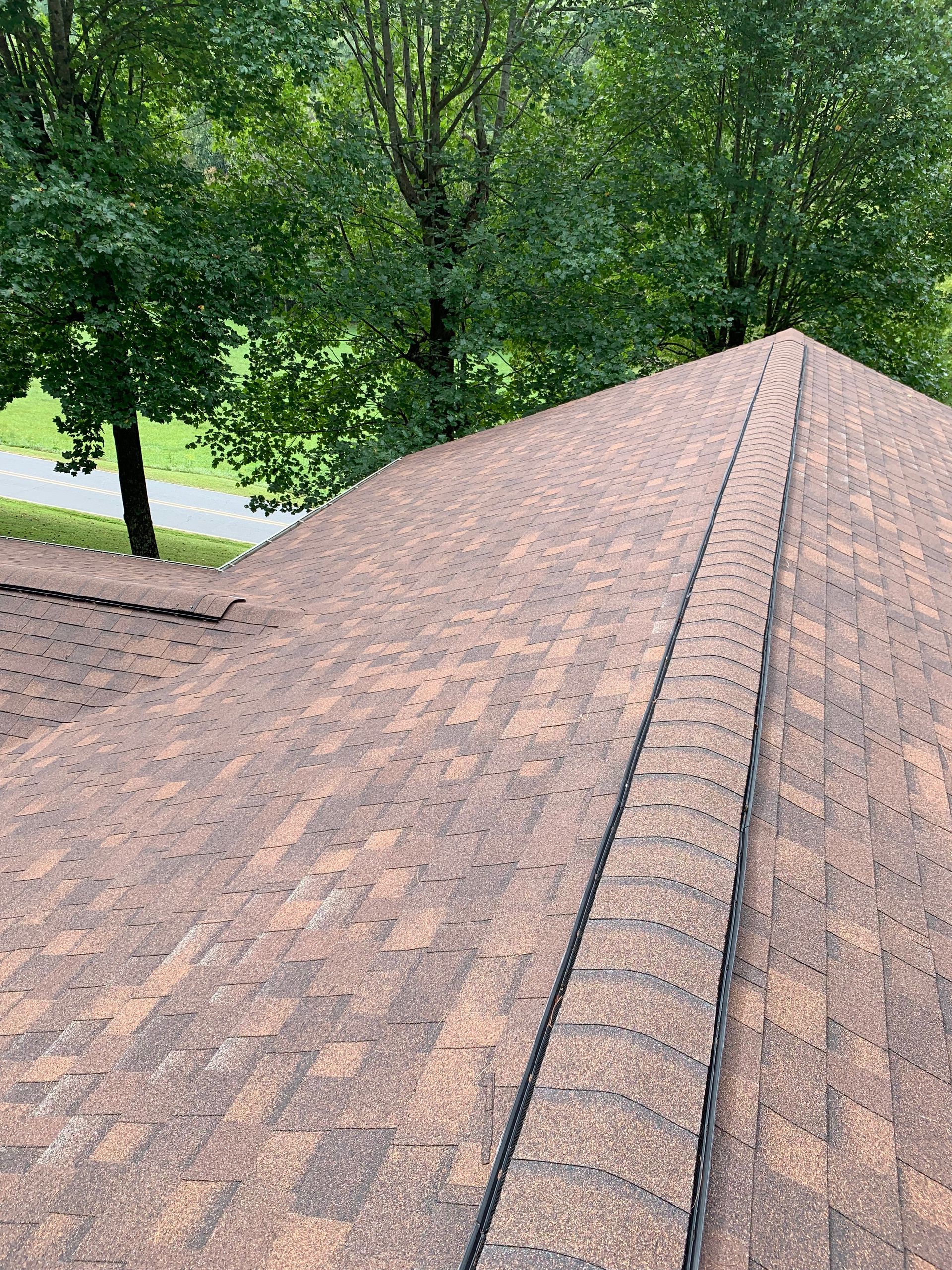a close up of a roof with trees in the background Birds Eye Roofing Group.