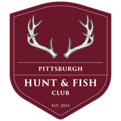 A maroon shield logo with white deer antlers, featuring the text "PITTSBURGH HUNT & FISH CLUB" and "EST. 2024."