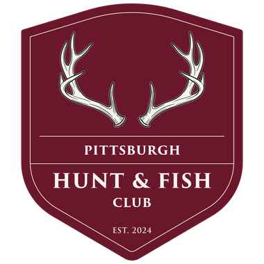 A maroon shield logo with white deer antlers, featuring the text "PITTSBURGH HUNT & FISH CLUB" and "EST. 2024."