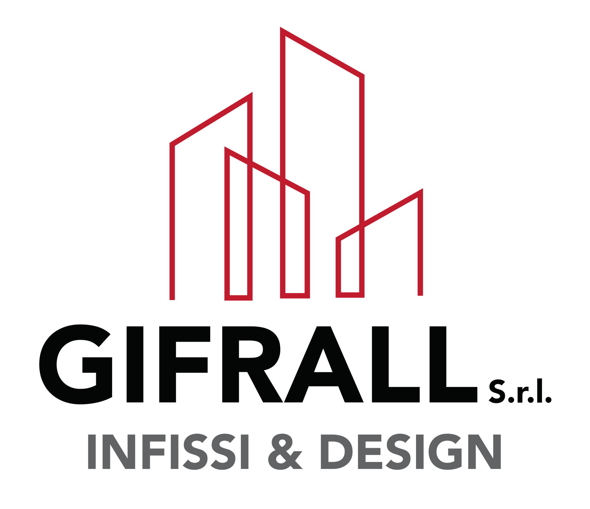 Logo per GI.FR.ALL. Infissi & Design, contorni di edifici color bordeaux con la scritta “dal 1995”