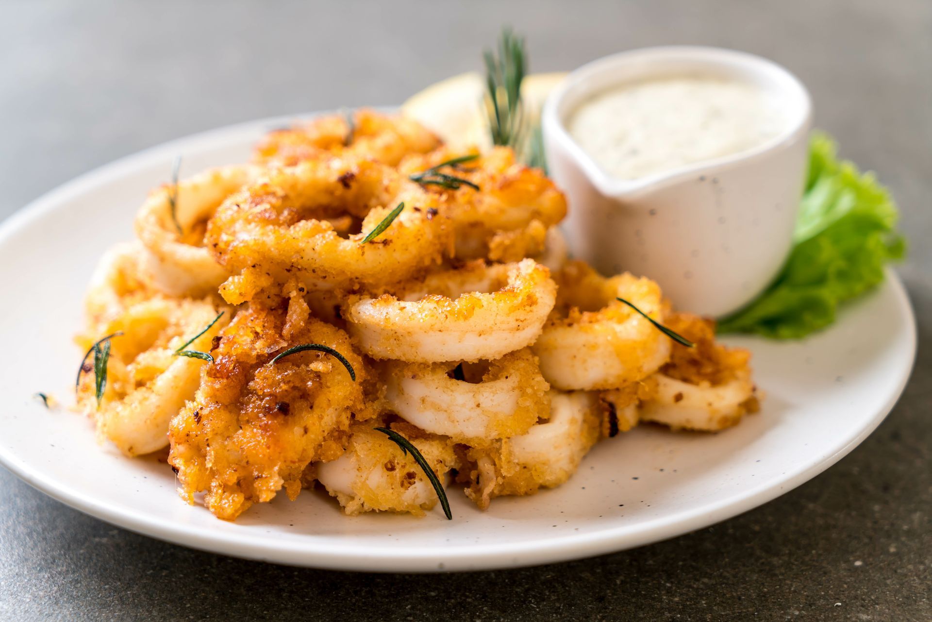 A white plate topped with fried calamari and a dipping sauce.