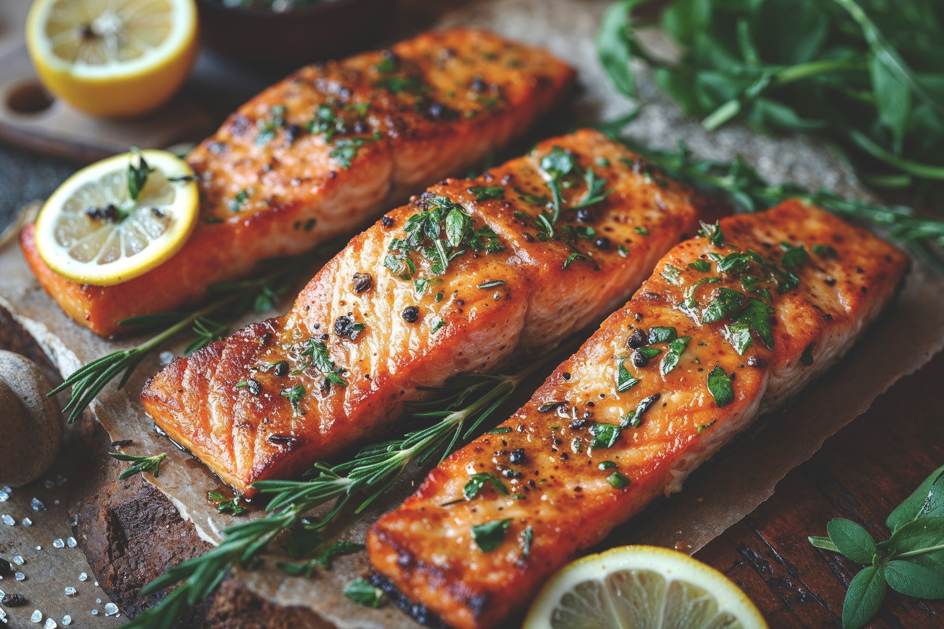 Grilled salmon fillets with lemon and herbs.