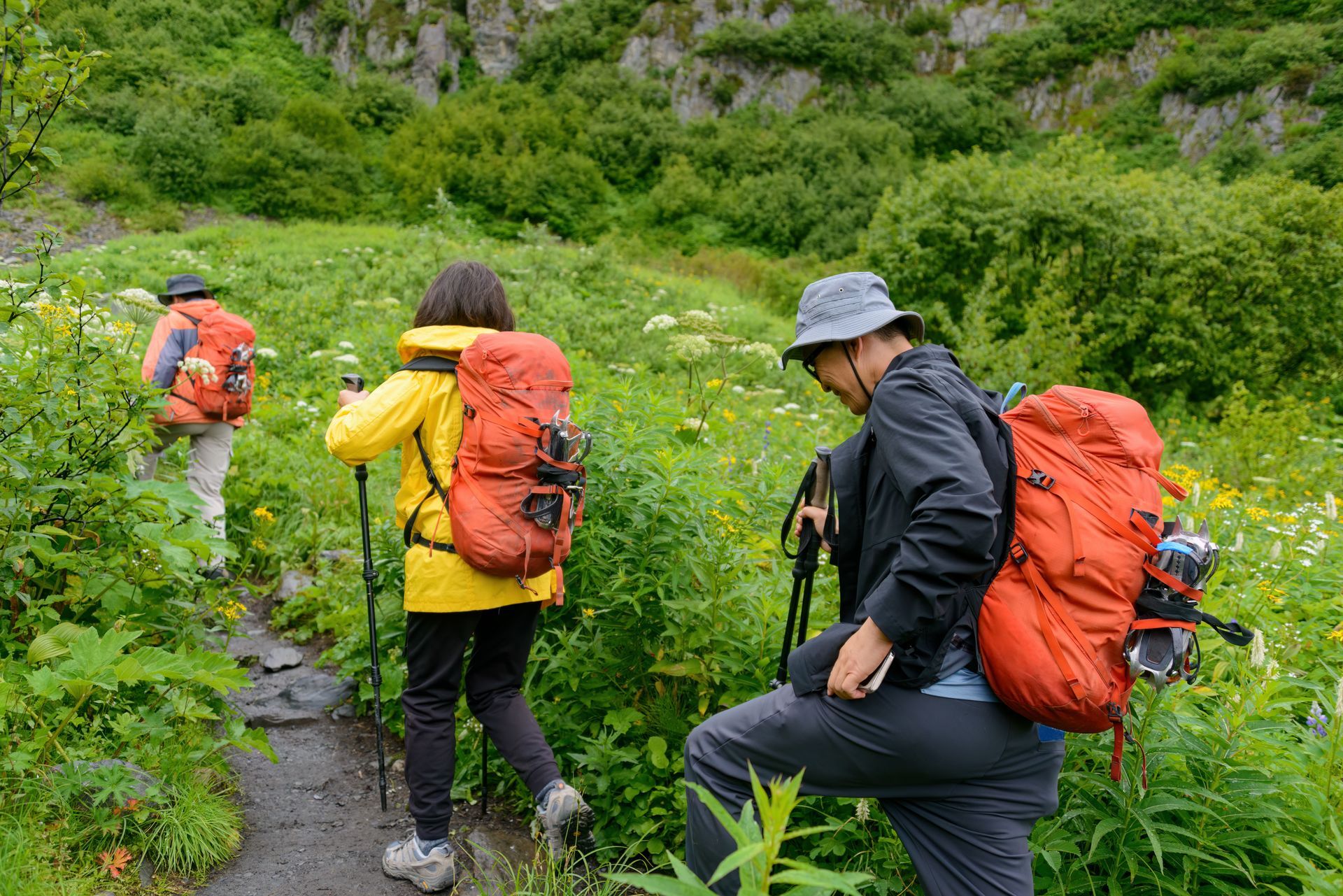 A group of people are hiking through a grassy field.