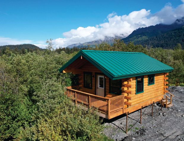 A living room in a log cabin with a couch and a rug.