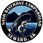 Nash Bayfront Campground logo: Fishing rod hooking a jumping fish, blue water and mountains. Seward, AK.