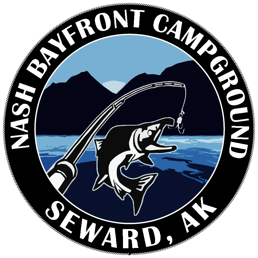 Nash Bayfront Campground logo: Fishing rod hooking a jumping fish, blue water and mountains. Seward, AK.