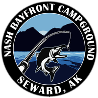 A logo for nash bayfront campground with a mountain in the background