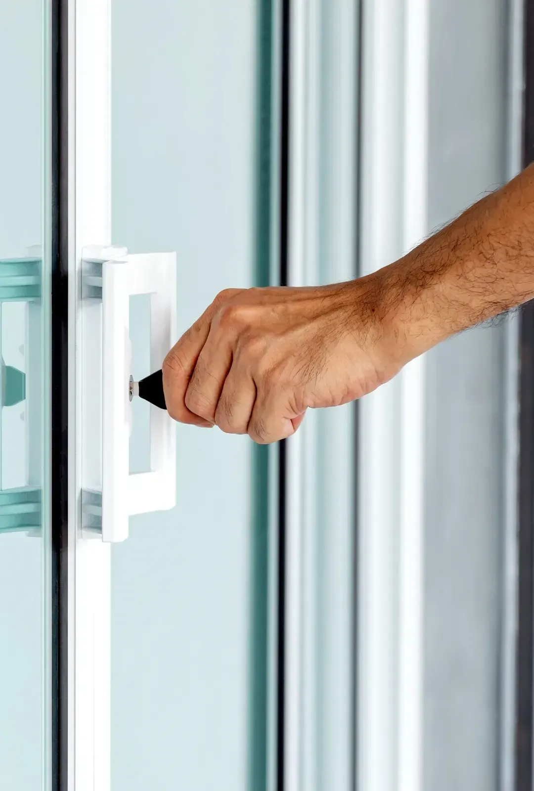 A man is opening a sliding glass door with his hand.