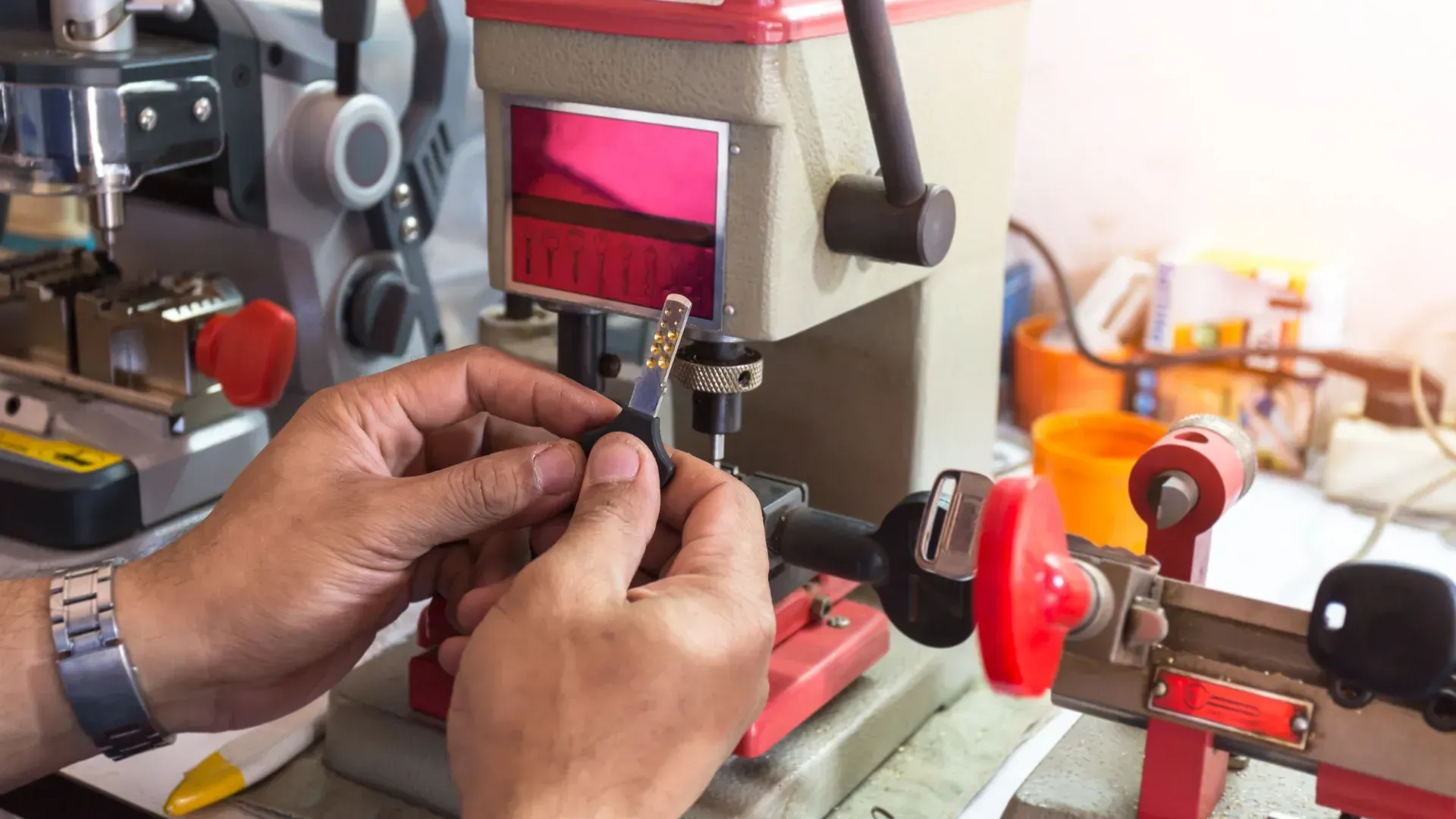 A person is using a machine to make keys.