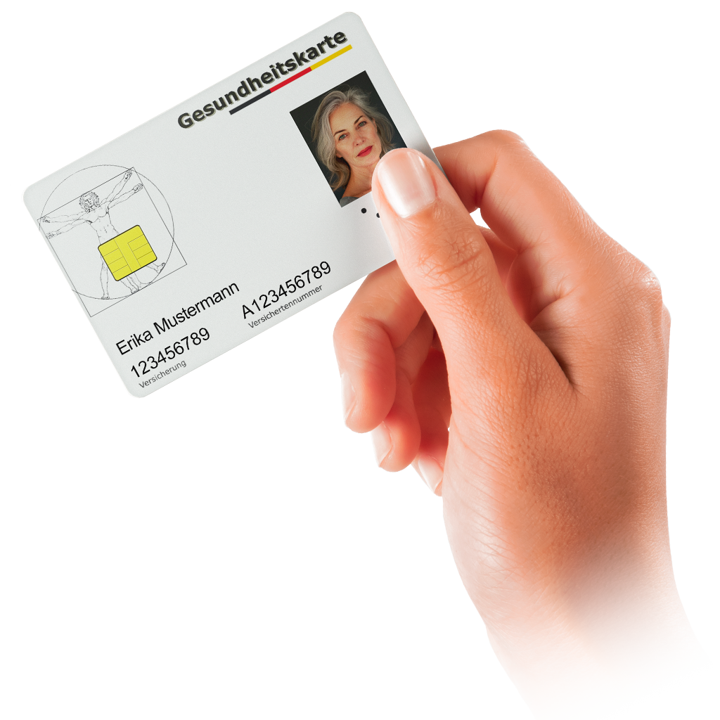 A hand is holding a gesundheitskarte card