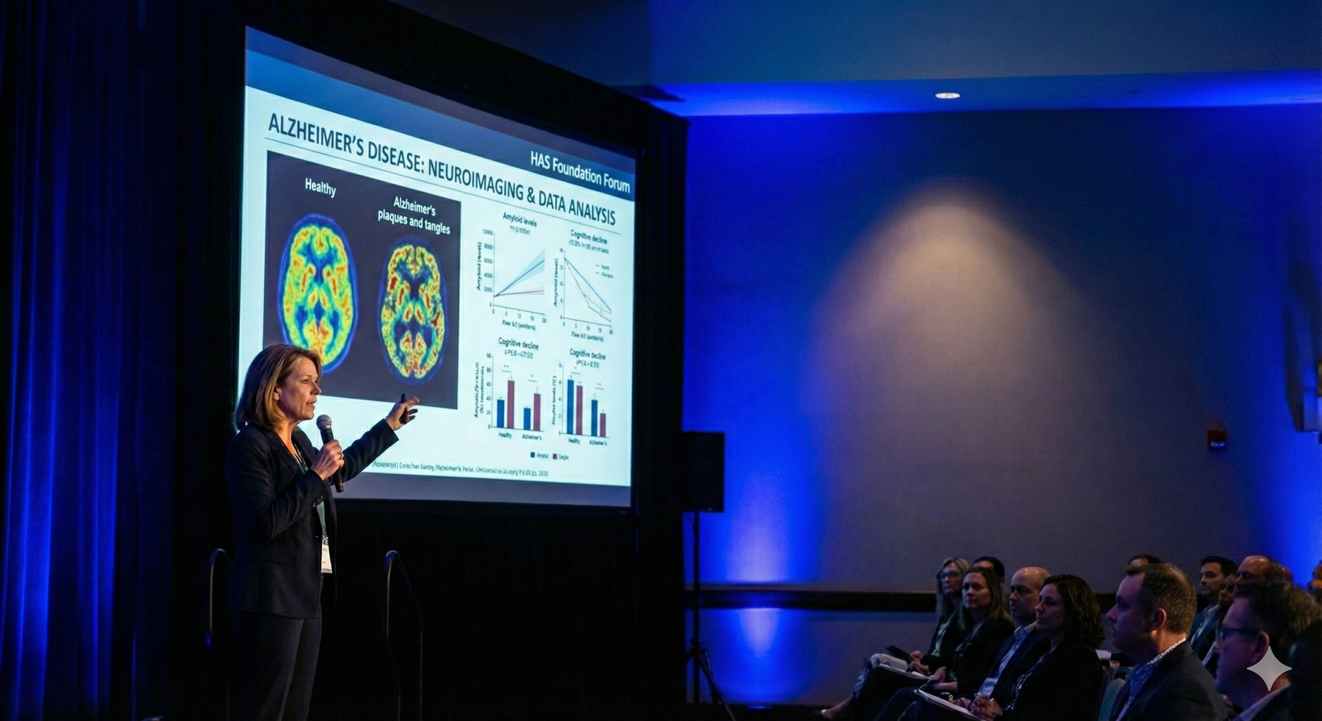 Formal event in a large room with a chandelier, people mingling, stone walls, and a patterned rug.