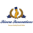 Logo: Hand holding paint brush inside a gold wreath, Rivera Renovations, 