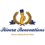 Logo: Hand holding paint brush inside a gold wreath, Rivera Renovations, 