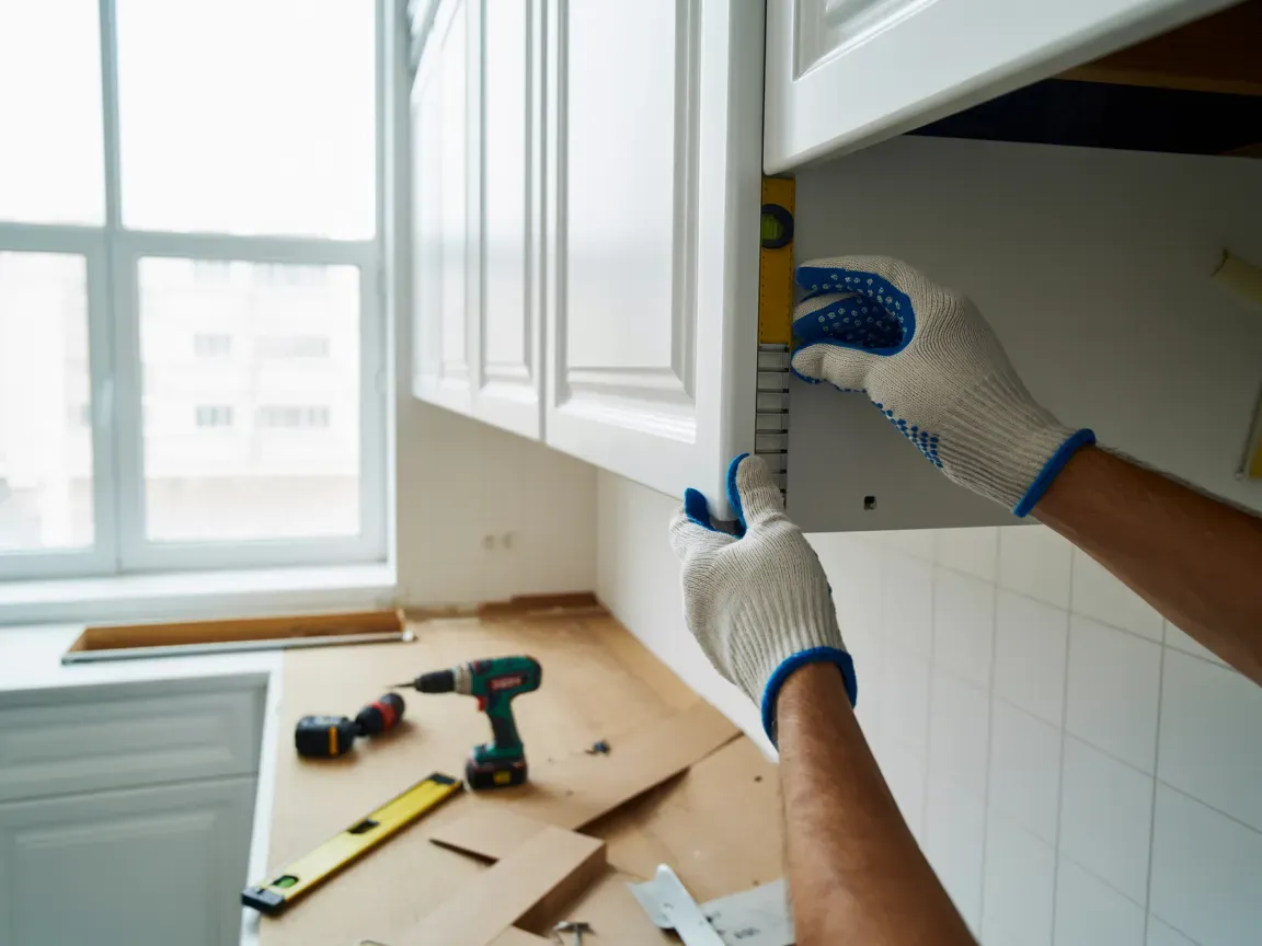 Hands in gloves using a level to align a kitchen cabinet. Construction in progress.