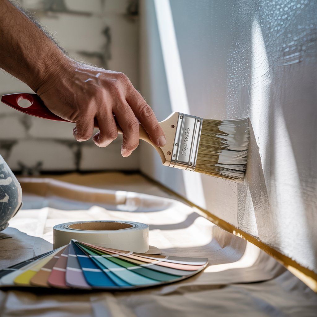 Hand painting a wall with a paintbrush, next to a color swatch and masking tape.