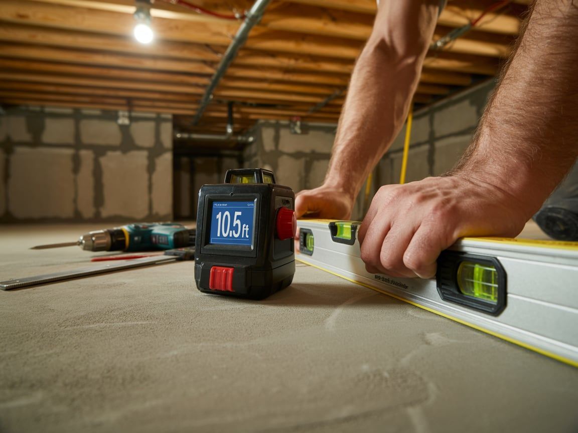 Person using a level and a digital tool to check the levelness of a concrete floor in a basement.