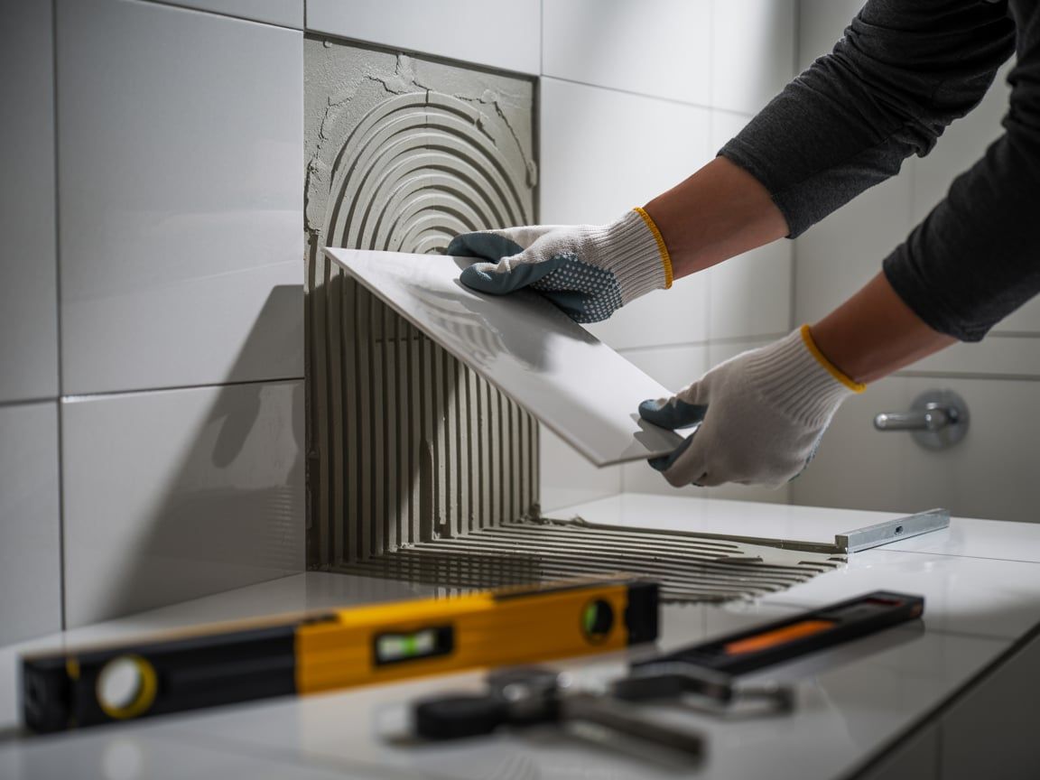 Person tiling a wall with white tiles, using trowel, level, and gloves in a bathroom setting.