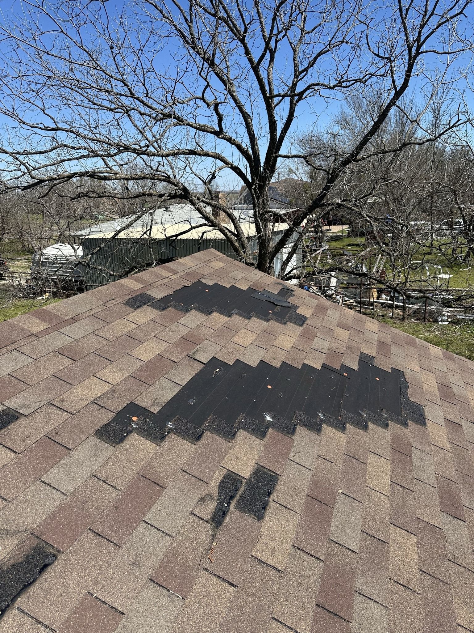 A close up of a roof with a tree in the background.