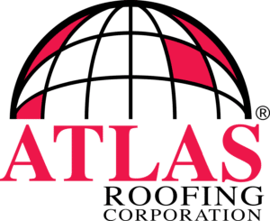 A logo for atlas roofing corporation with a red globe